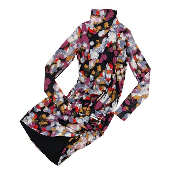 Open Edit Black Floral Painted Confetti Long Sleeve Ruched Mesh Dress - SIZE M - Picture 2 of 10